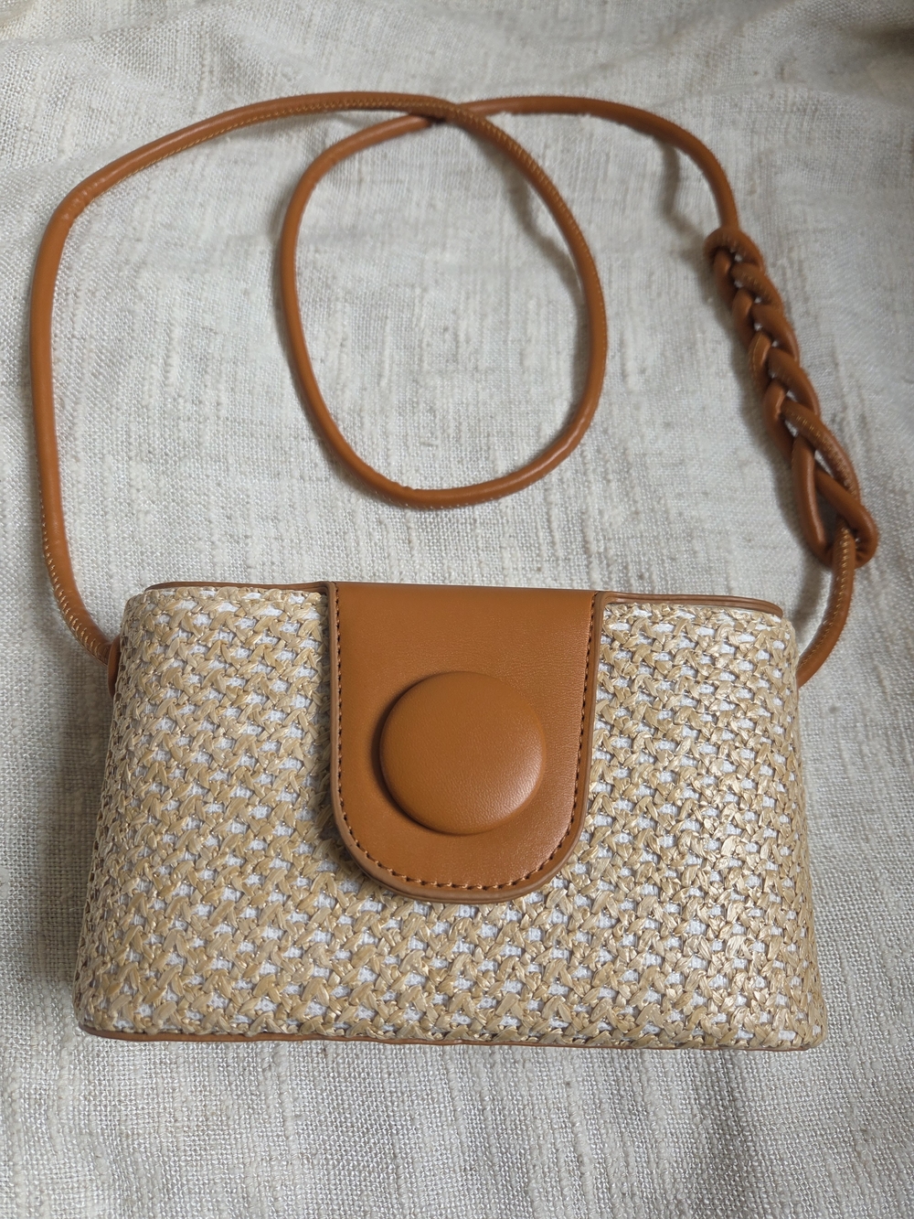 Woven Straw Crossbody Bag with Cognac Leather Trim (Faux-Leather)